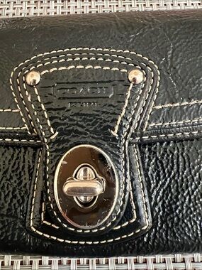 Coach Legacy Navy Patent Leather Turnlock Clutch with White Stitching